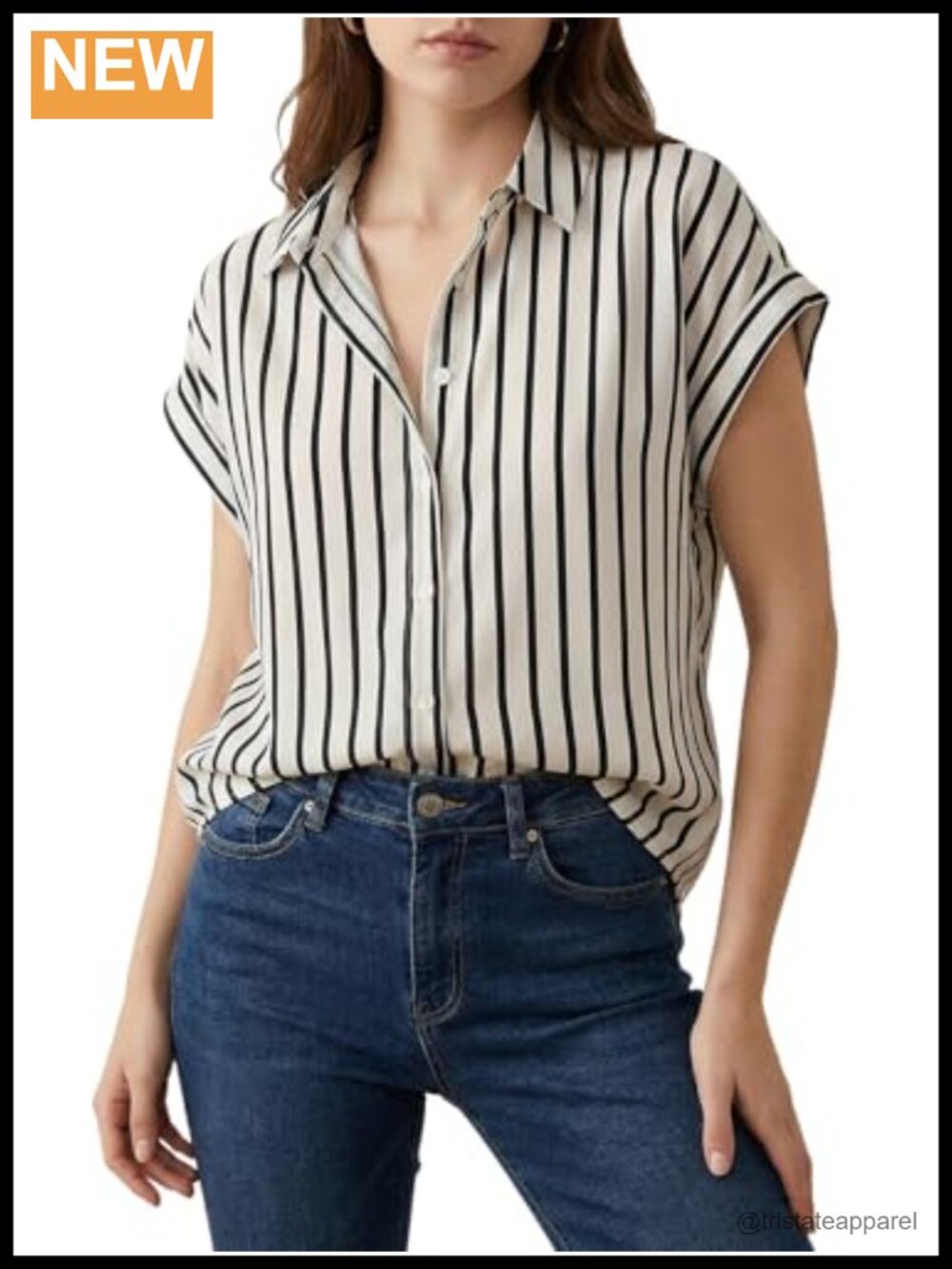 Striped Button-Down Short Sleeve Collared Blouse